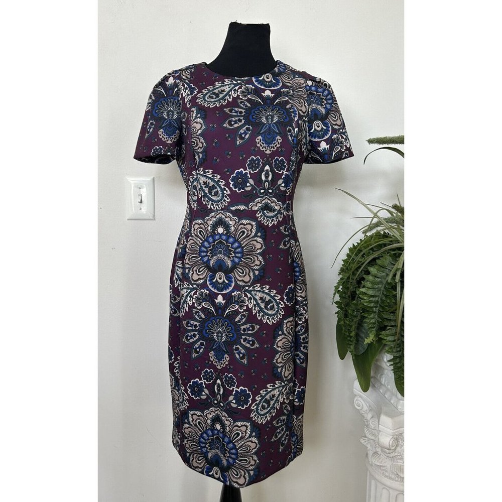 CALVIN KLEIN Womens Purple Boho Floral PaisleyScuba Short Sleeve Sheath Dress 12